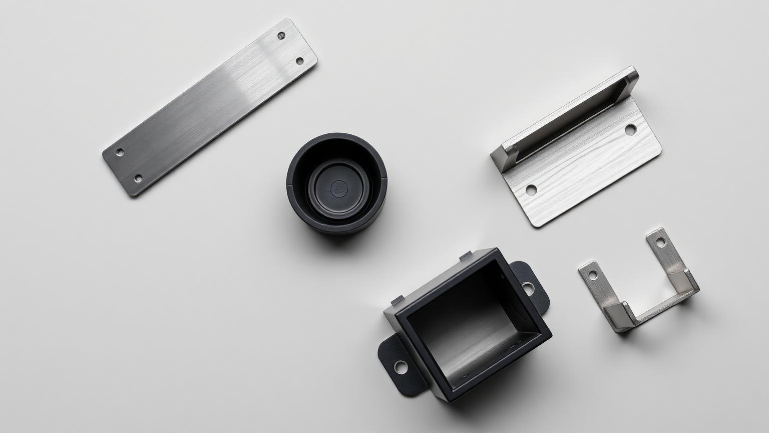 CNC machined aluminum, injection molded plastic, folded sheet metal, and cast metal parts side by side