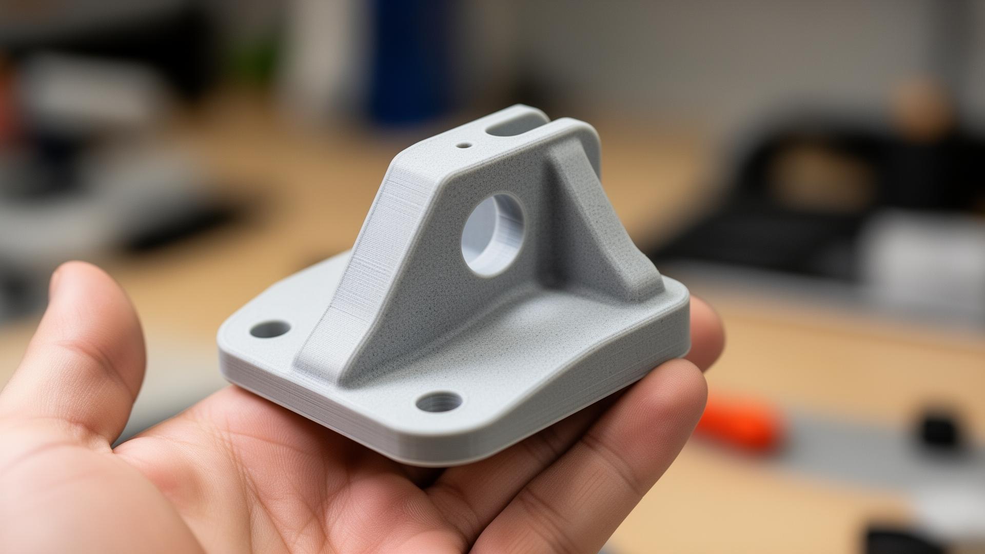 Close-up of a matte gray SLS PA12 nylon engineering bracket held in an engineer's hand, fine grainy surface texture visible