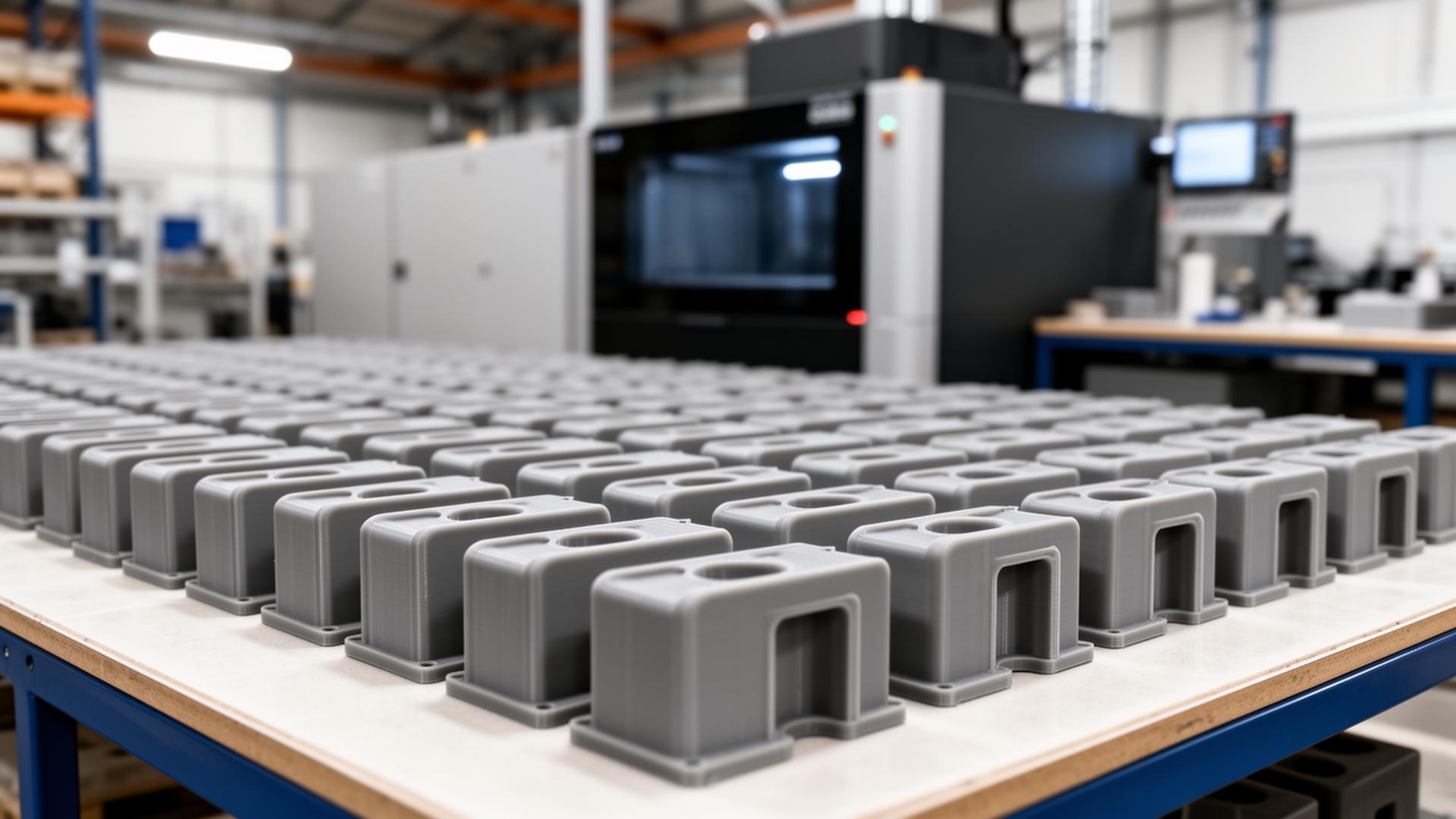 SLS production facility with rows of identical PA12 nylon parts in front of an industrial powder-bed printer