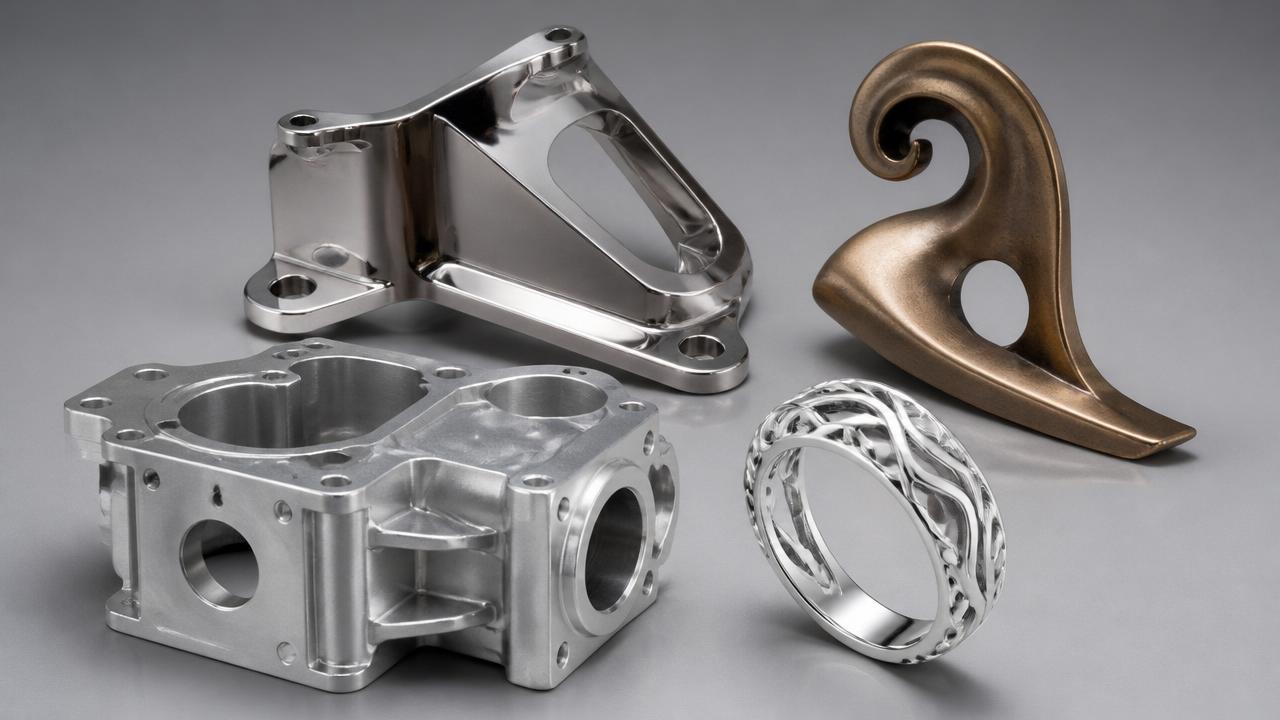 Finished investment-cast stainless bracket, bronze sculpture, aluminum housing, and silver ring