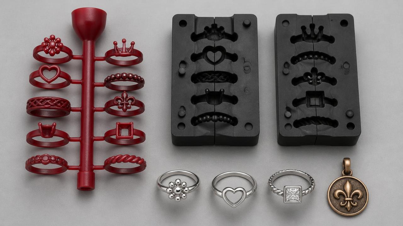 Jewelry investment casting workflow with wax tree, silicone molds, and finished silver and bronze pieces