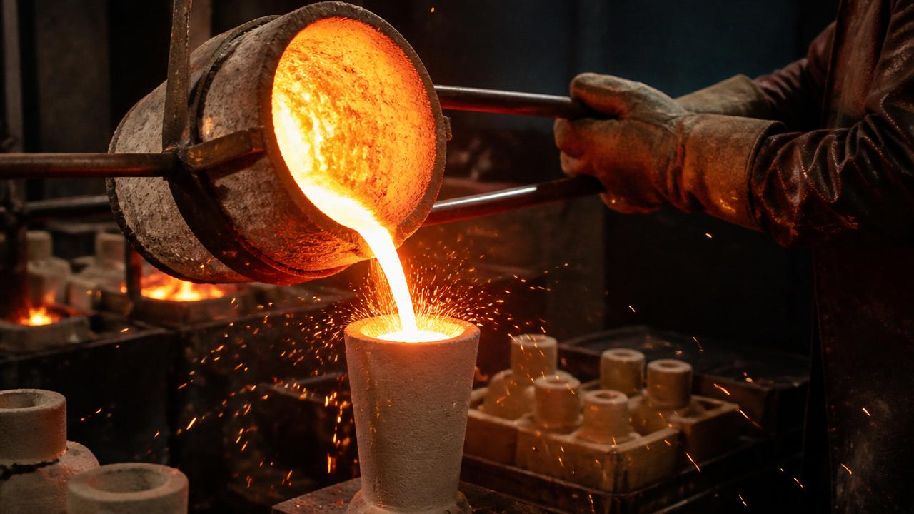 Molten bronze being poured into a ceramic investment flask